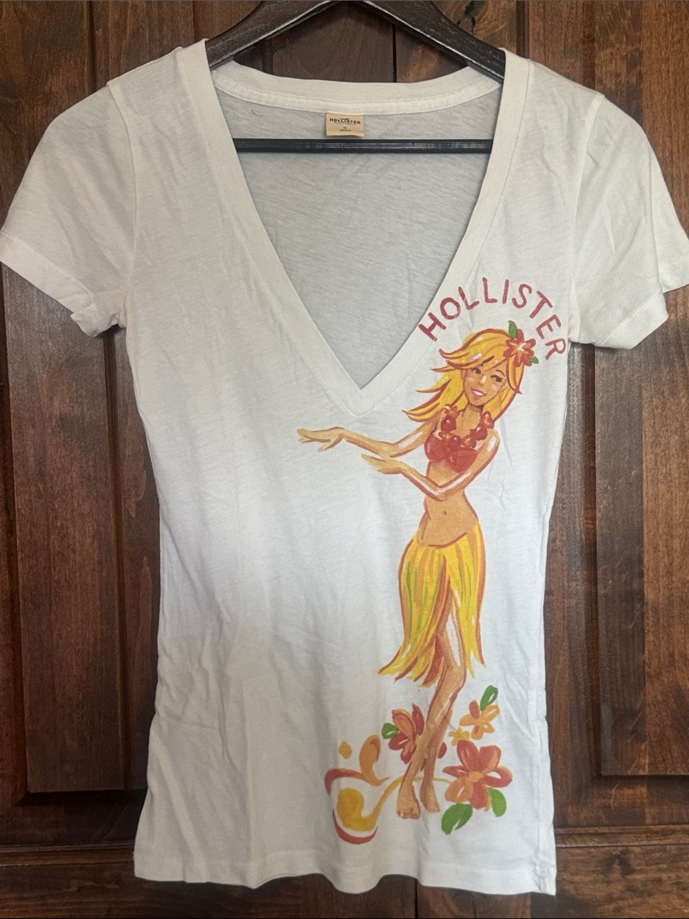 Hollister White V-Neck Tee with Colorful Hula Girl Graphic